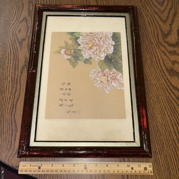 Vintage Framed Tang Peony Floral Art on Silk? Cloth Asian Chinese Flowers - Picture 1 of 8
